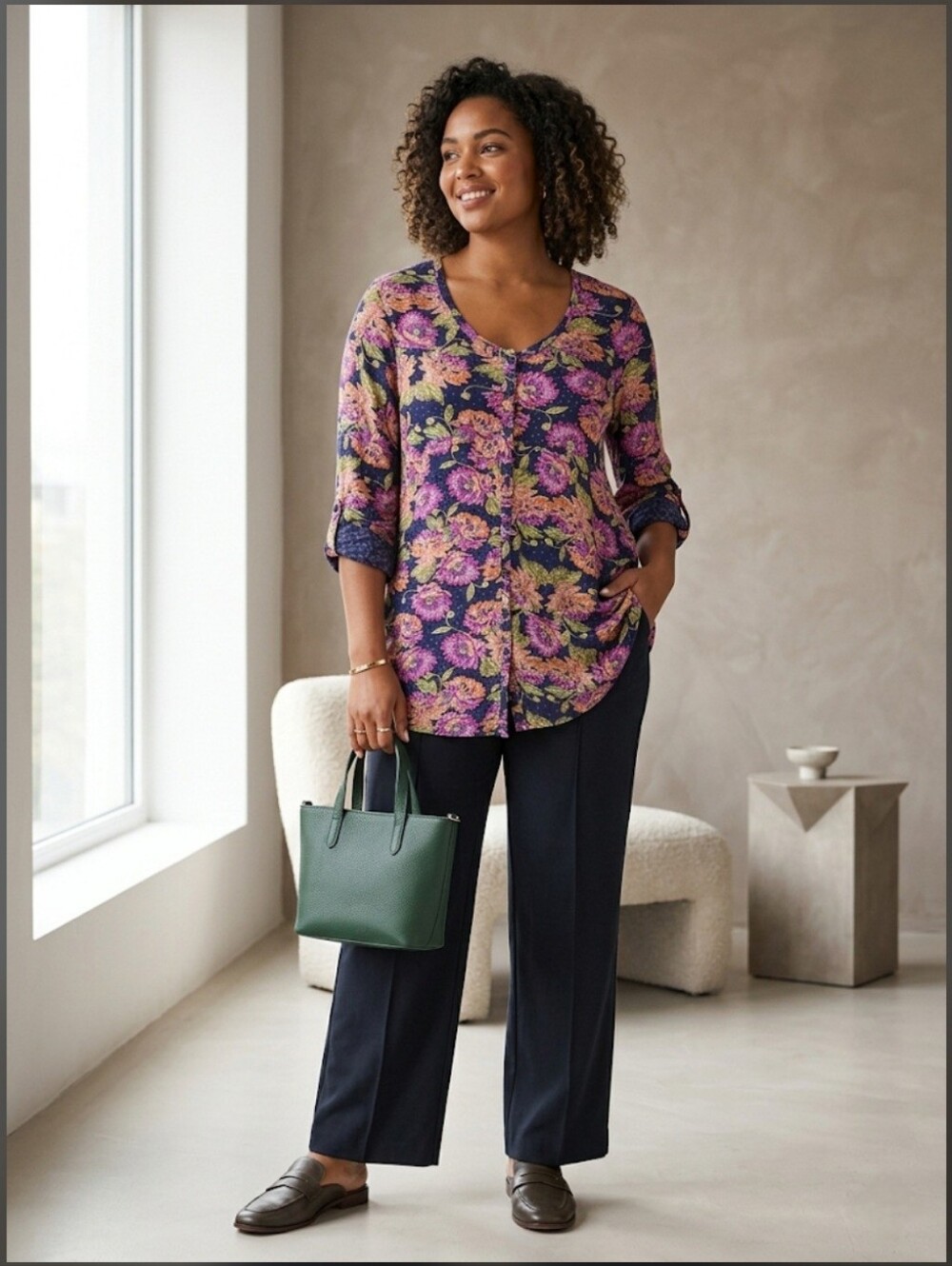 Fat Face Mulitcolor Floral Pattern Adjustable Sleeve Tunic Button Top Plus Size